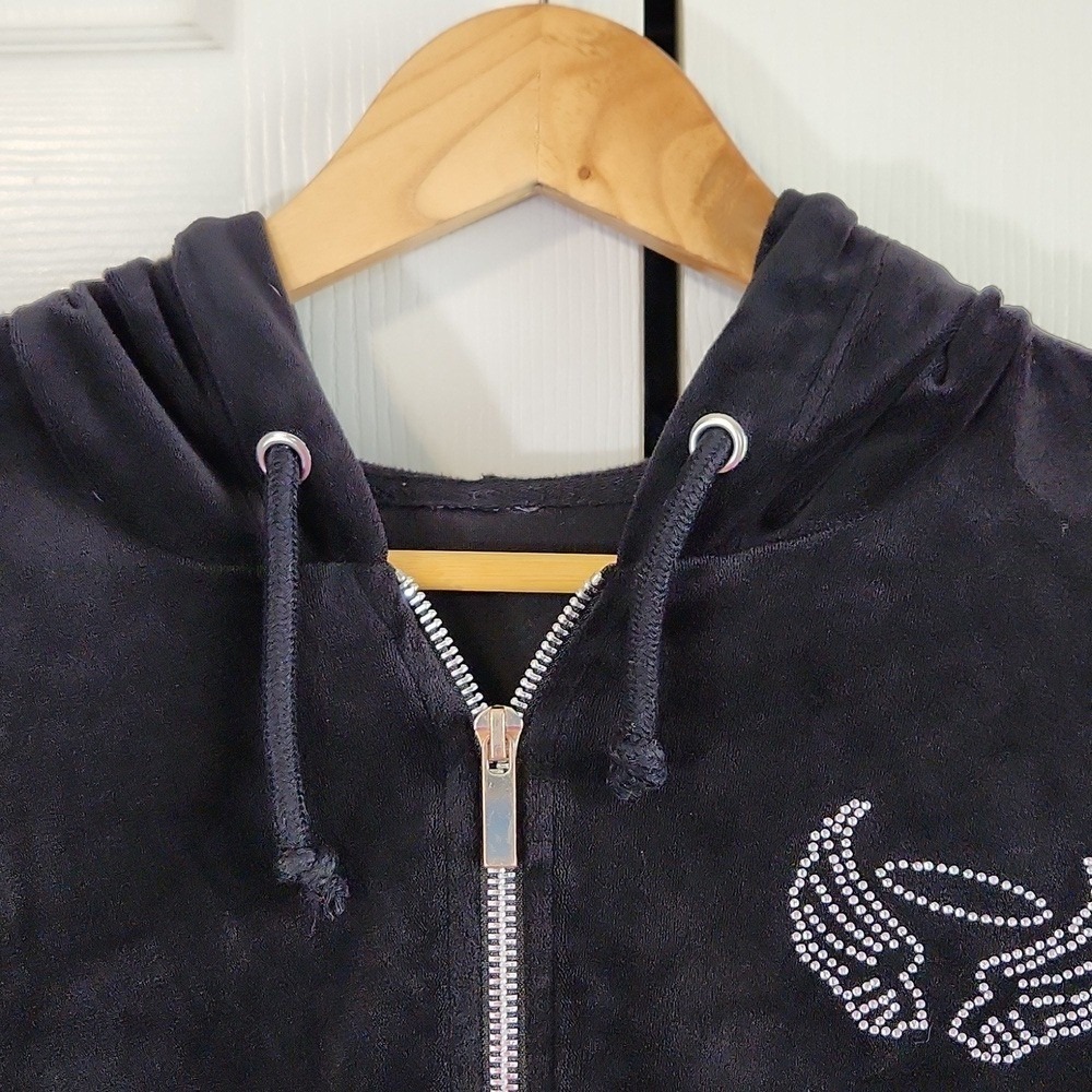 Black Velour Zip-Up Hoodie XXL With Rhinestone Angel Wings & Halo Bling Y2K 80s - Picture 7 of 10